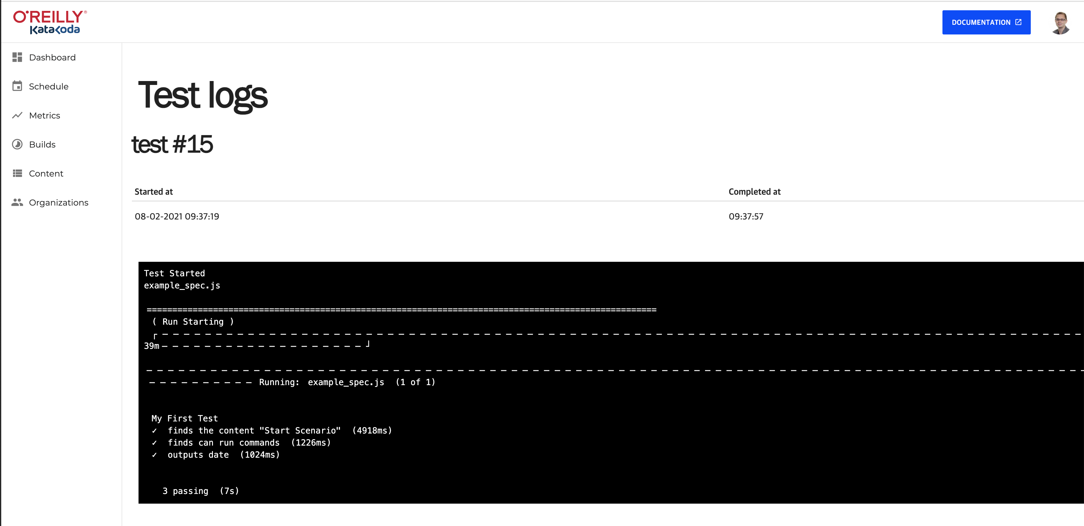 Katacoda Testruns Logs