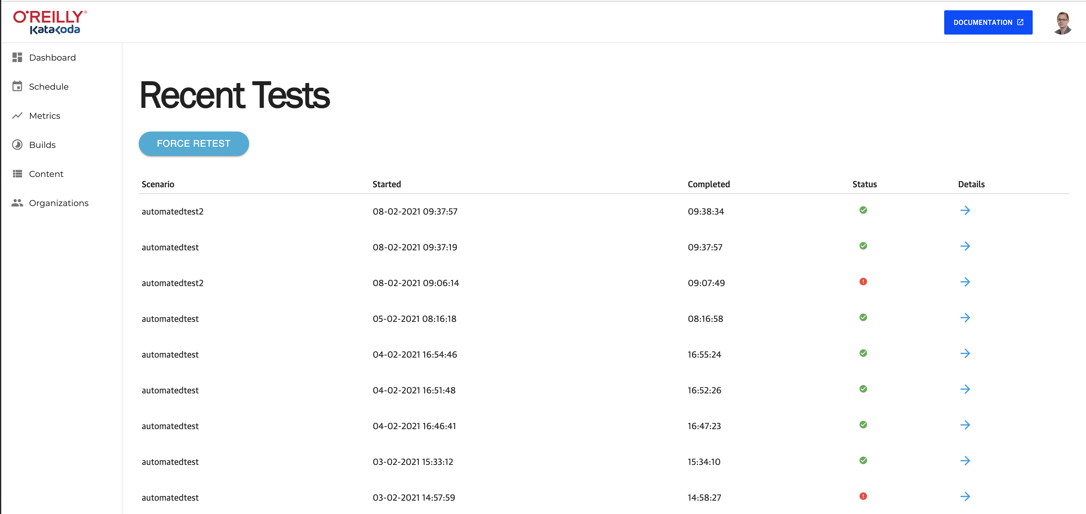 Katacoda Testruns Dashboard